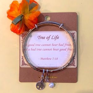“TREE OF LIFE” Goldtone with Silvertone Twisted Bangle Bracelet with Charms